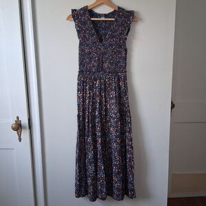 Old Navy Navy Floral Smocked Tiered Dress Cotton & Viscose Mix